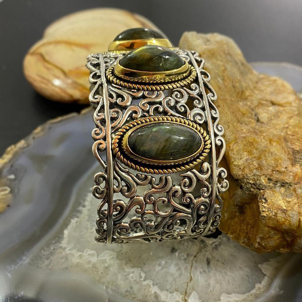 Carolyn Pollack Sterling Silver & Brass 3 Oval Labradorite Decorated Bracelet - Picture 5 of 10